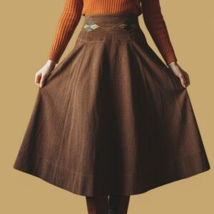 SM Real Suede Brown A-Line Skirt Vintage Genuine Leather Diamond Marquis